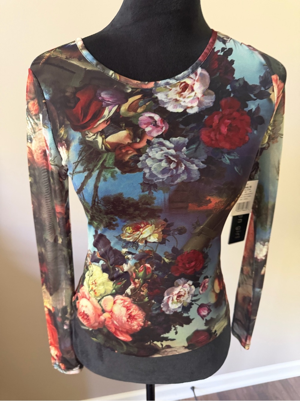 Madden Girl Mesh Floral Print Long Sleeve Fitted Top - Multicolor Small